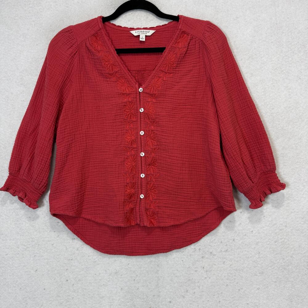 Liverpool Los Angeles Blouse Womens Small Red Embroidered V Neck 3/4 Sleeve Top